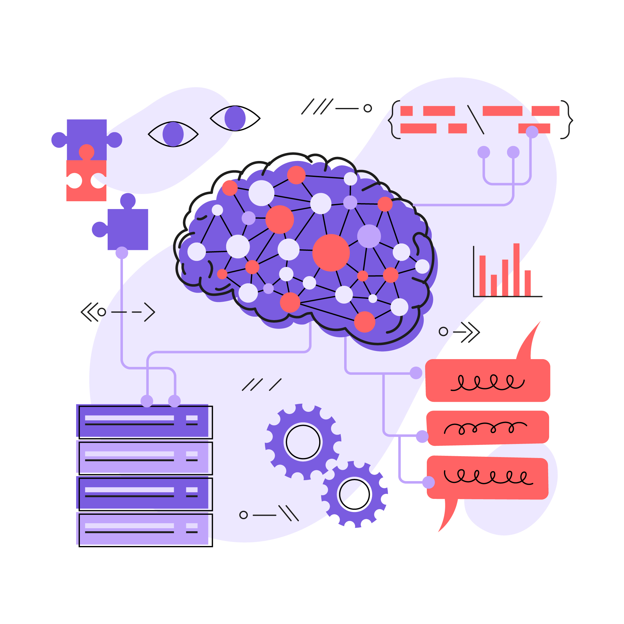 Operationalizing Data-Centric Intelligence Brain connected to data servers, gears, puzzle pieces and informational data